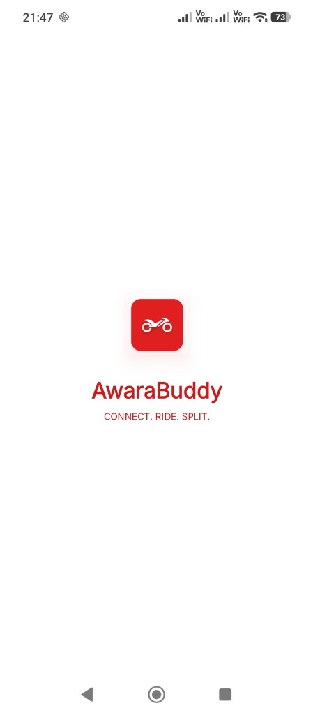 AwaraBuddy splash screen — Connect. Ride. Split.