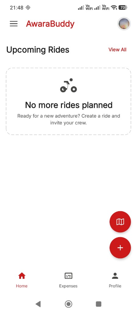 AwaraBuddy home screen showing upcoming rides